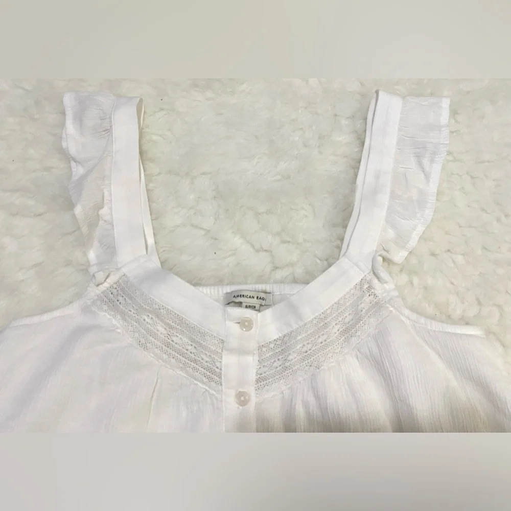 American Eagle Womens S Solid White Ruffle  Sleeve Top Boho Y2K Cottagecore - Picture 4 of 14
